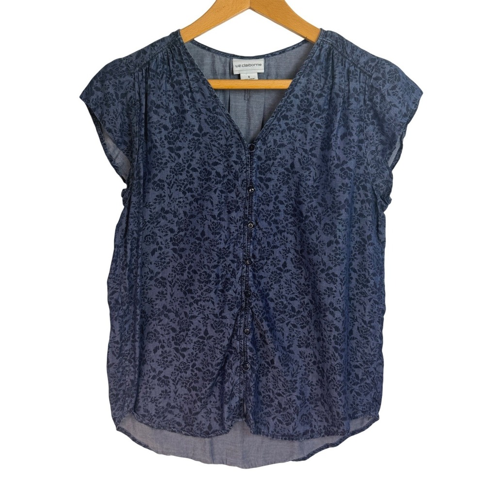 Liz Claiborne Womens Blue Floral Button Front Lyocell Cap Sleeve Blouse Small